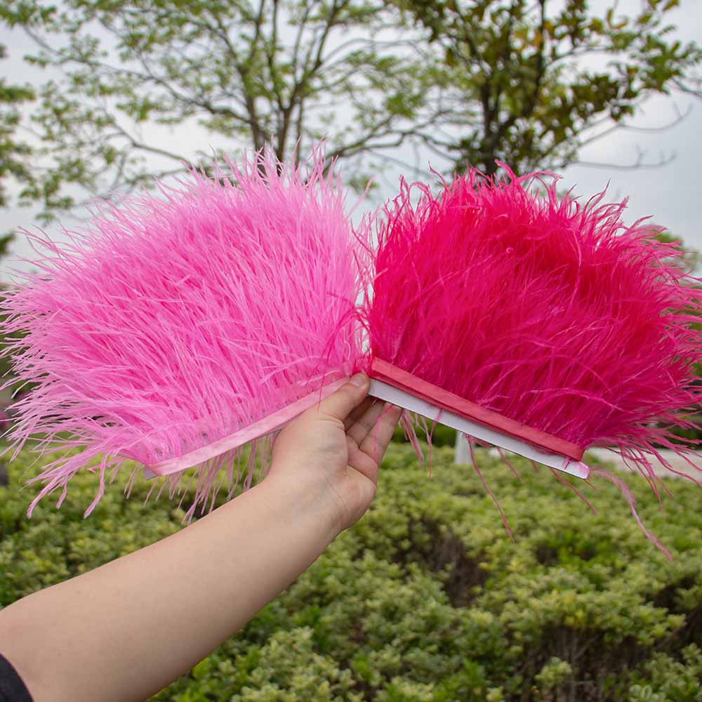 1Meter Red Ostrich Feathers Trim on Tape Ribbon Fringe 8-10cm Fabric Skirt Sewing Trimmings Feather Dress Clothes Decoration