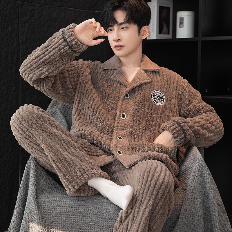 Men's Plus Size Flannel Fleece Home Wear Set - Thickened for Autumn and Winter