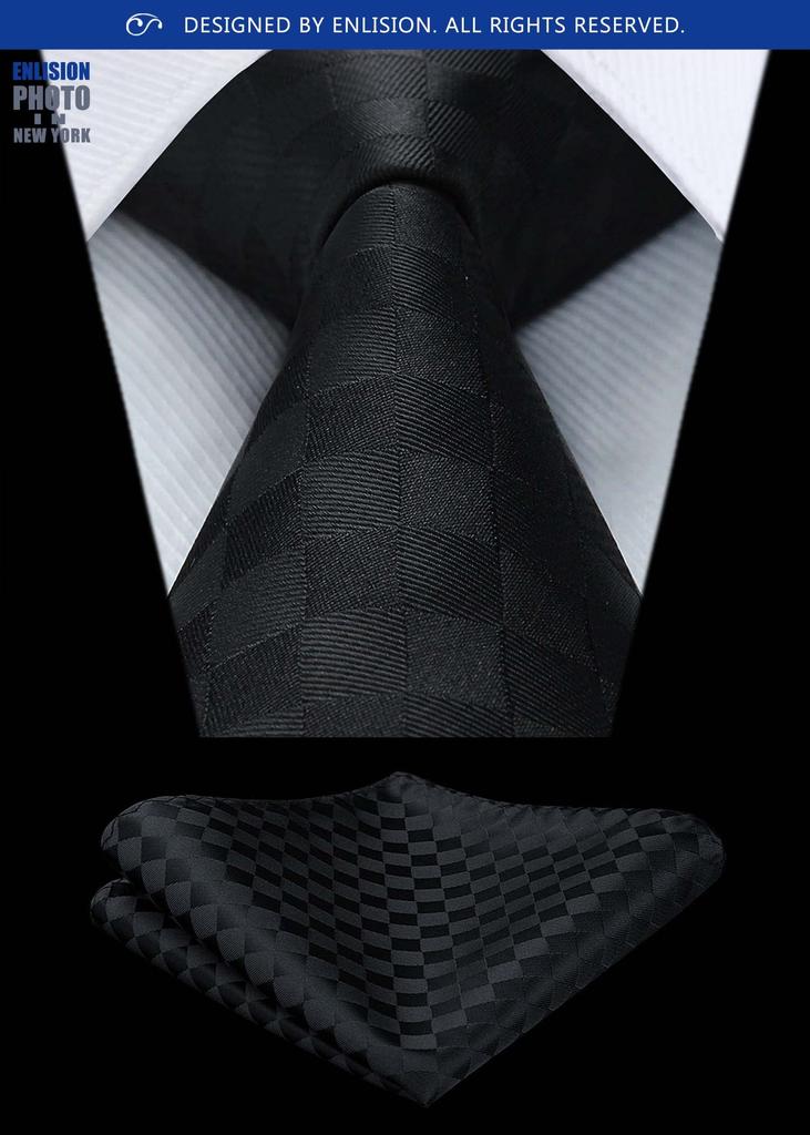 [Enlision] Formal Black Tie and Pocket Square Set for Men, Silk, Check Pattern, Business, Party, Ceremonial Occasions, Luxury Gift TC311L8S By