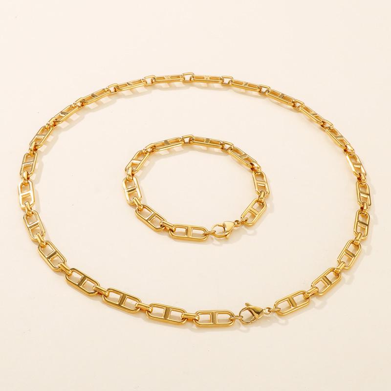 Trendy Stainless Steel Figaro Chain Bracelet & Necklace Set - Simple, Versatile Jewelry Accessory