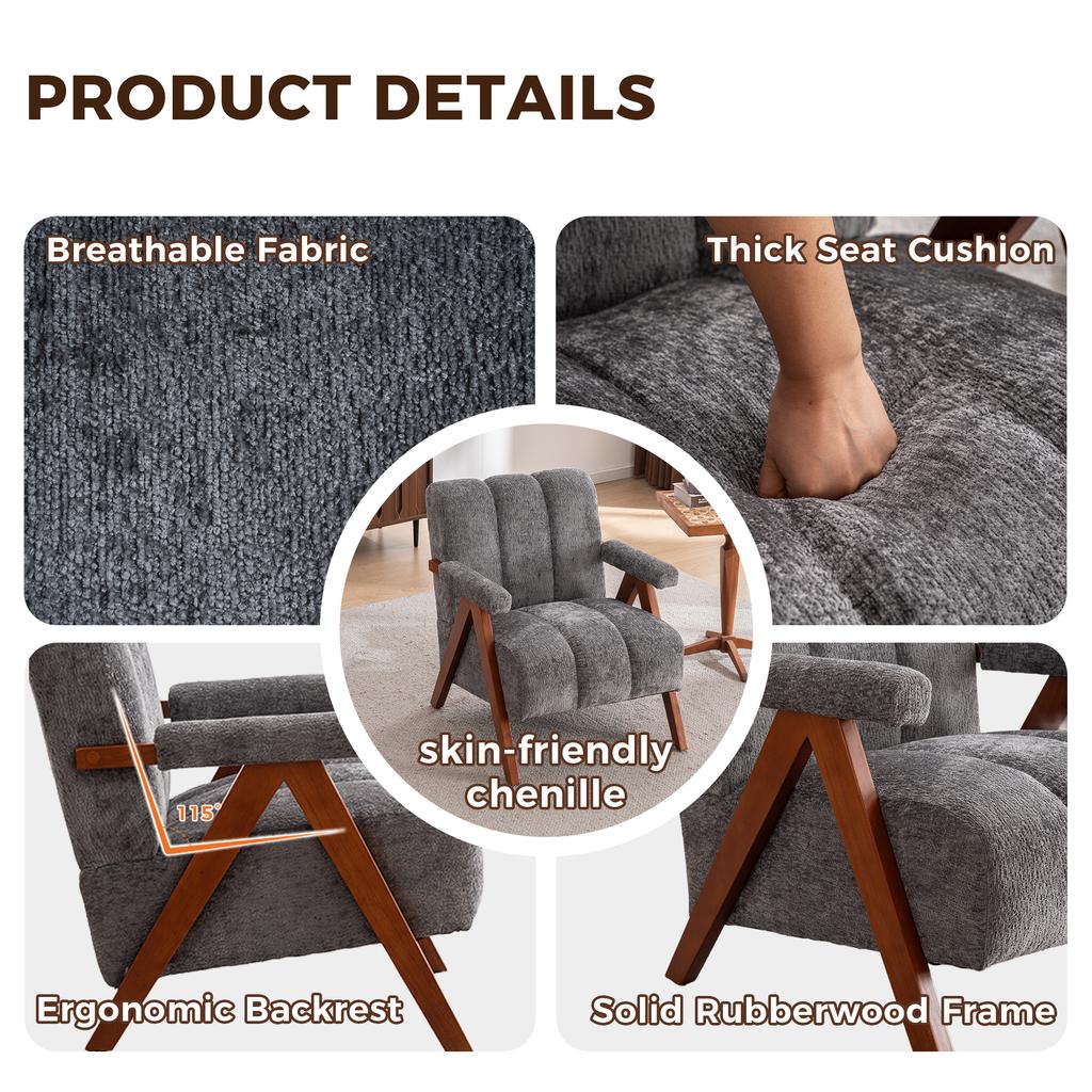 Bouclé Accent Seating with Wooden Frame, Armchair for Living Room, Bedroom, Grey