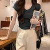 Versatile V-neck design, waist slimming, short-sleeved cotton T-shirt for women, summer temperament, short, irregular, inner-shoulder top