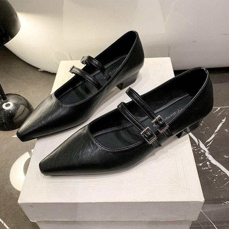 Retro low-heeled Mary Jane women's shoes, new pointed thick heels, shallow mouth temperament commuting single shoes women