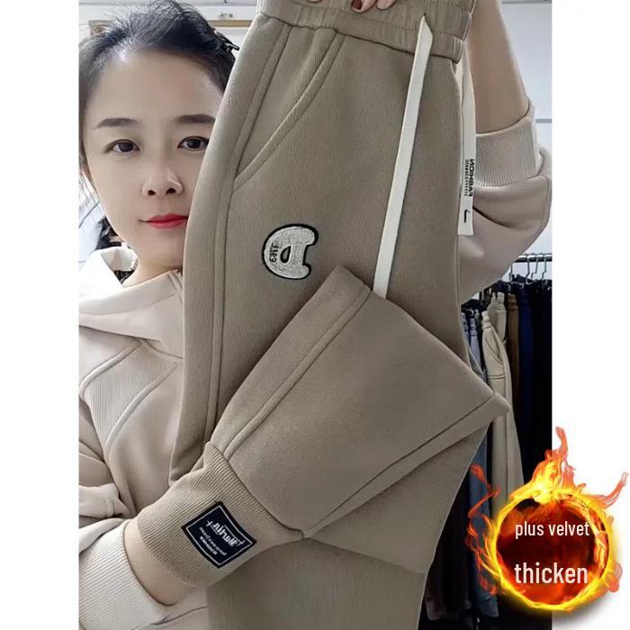 

Женские спортивные штаны большого размера из плотного бархата с высокой талией, утягивающие, осень/зима 2023 года — повседневный стиль шаровары 4XL хаки