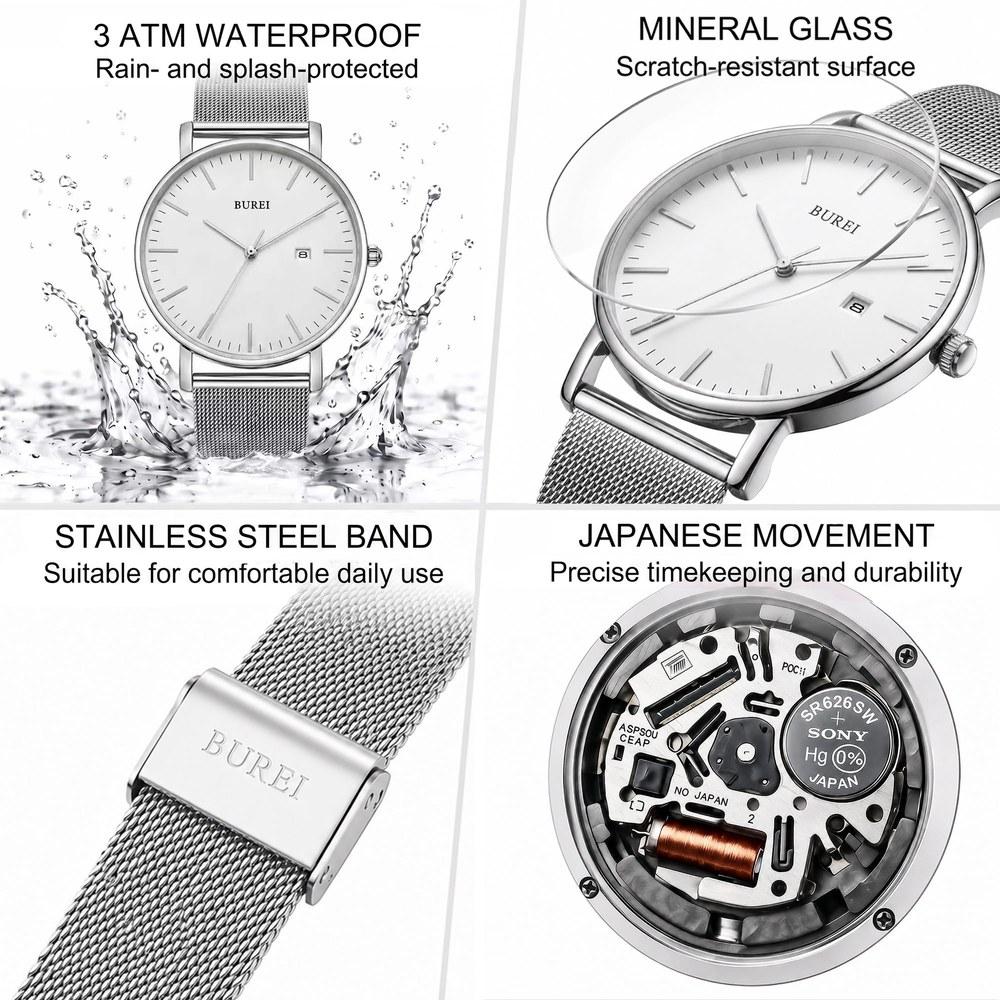 BUREI Men's Stylish Waterproof Analog Watch Silver White Milanese Mesh Band Fashion Wristwatch