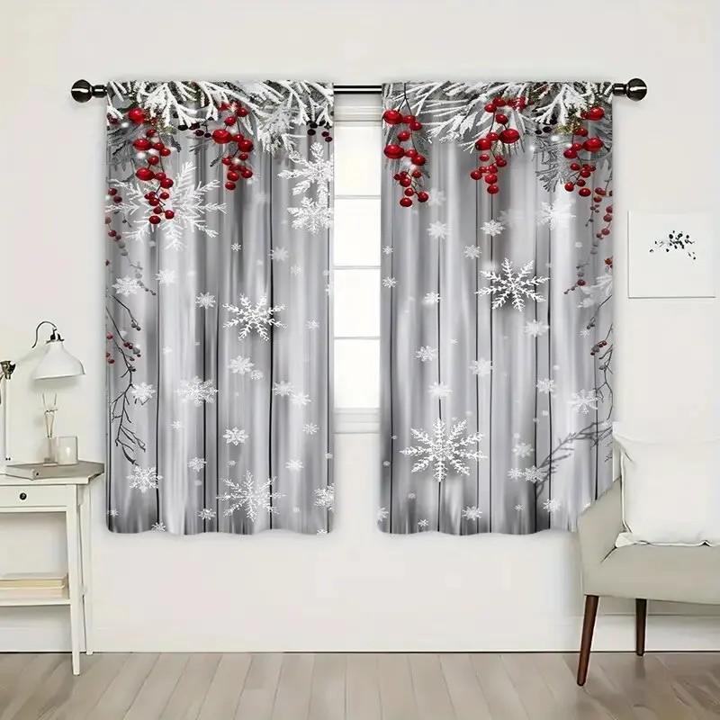 Set Of 2 Jit Snowflake Berries Printing Curtain Polyester Drapes Winter Christmas Window Decor Home Dec With Rod Pocket Blackout