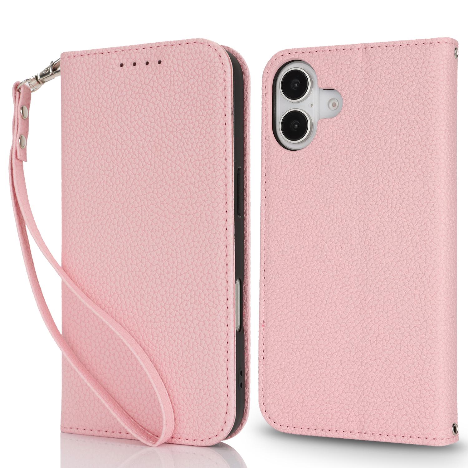 

Stand Case for iPhone 16 Plus Litchi Texture Leather Flip Phone Cover with Strap/Wallet Pink