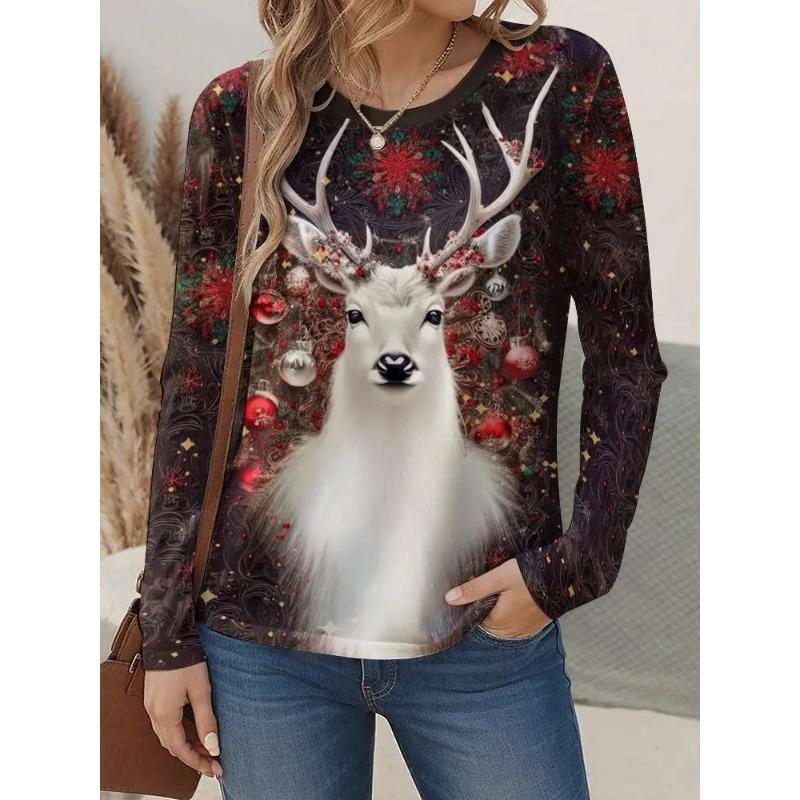 Women's Autumn 3D Animal Snowflake Print Crew Neck Long Sleeve T-Shirt