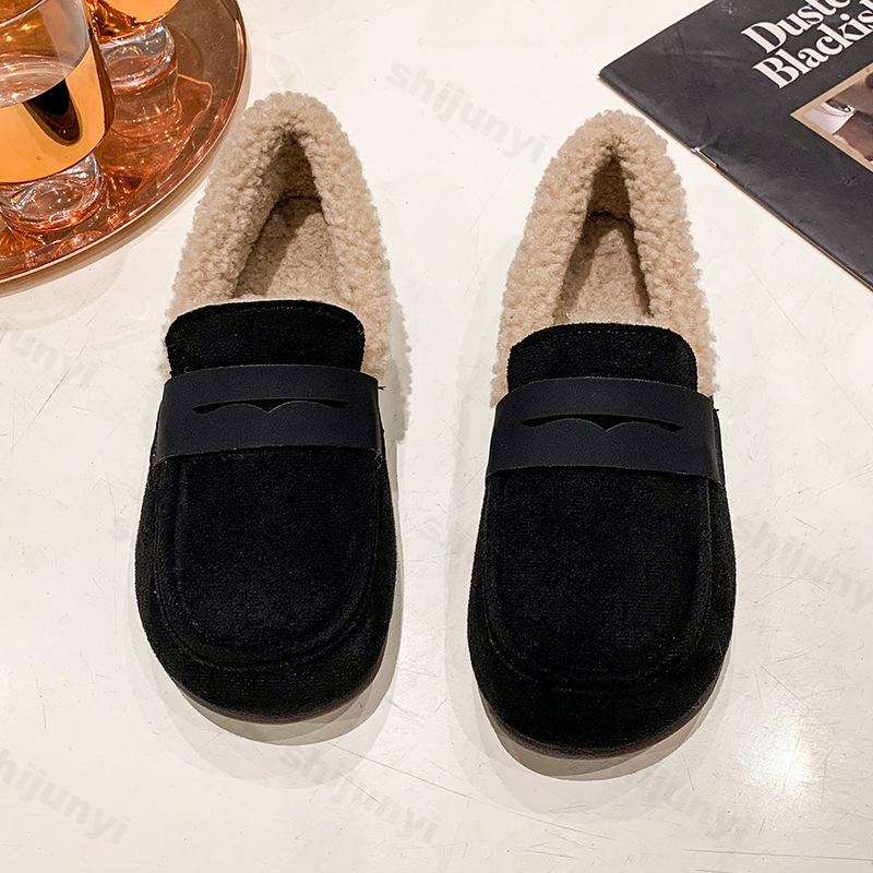 Winter Women's Soft Fur Lining Suede Casual Shoes Ladies House Warm Indoor Outdoor Cotton Shoes Non-slip Fashion Loafers Flats