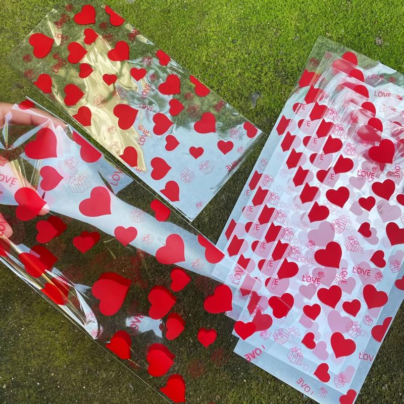 30/50/100Pcs Transparent Plastic OPP Bags Red Heart LOVE Printed Gift Bags With Golden Ties For Valentine'S Day And Couples