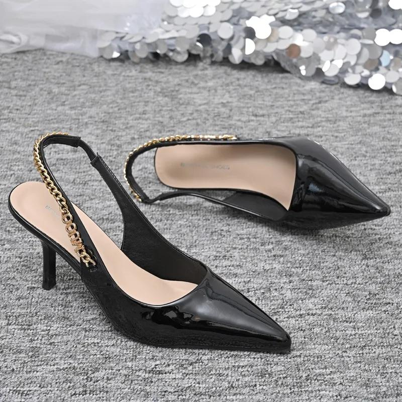 2025 Plus Size Women's Slingbacks High Heel Chain Metal Decoration Pointed Toe Thin Heel Slip on Pumps for Party & Dress