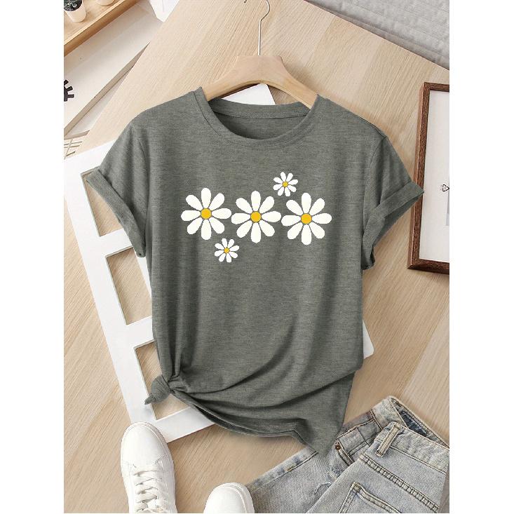 Women's European and American style summer short-sleeve top with contrasting colors and a print of several white daisy flowers, fashionable