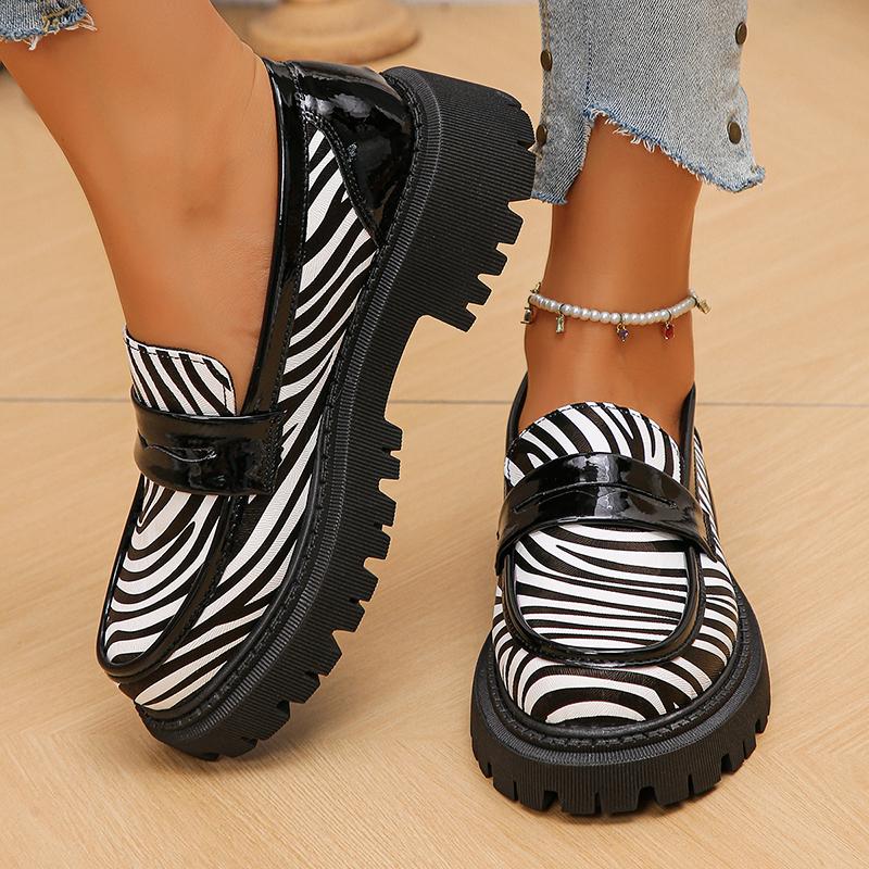 Cow Print Zebra Print Chunky Platform Pumps Women 2025 Autumn Pu Leather Thick Sole Loafers Woman Plus Size Uniform Lolita Shoes