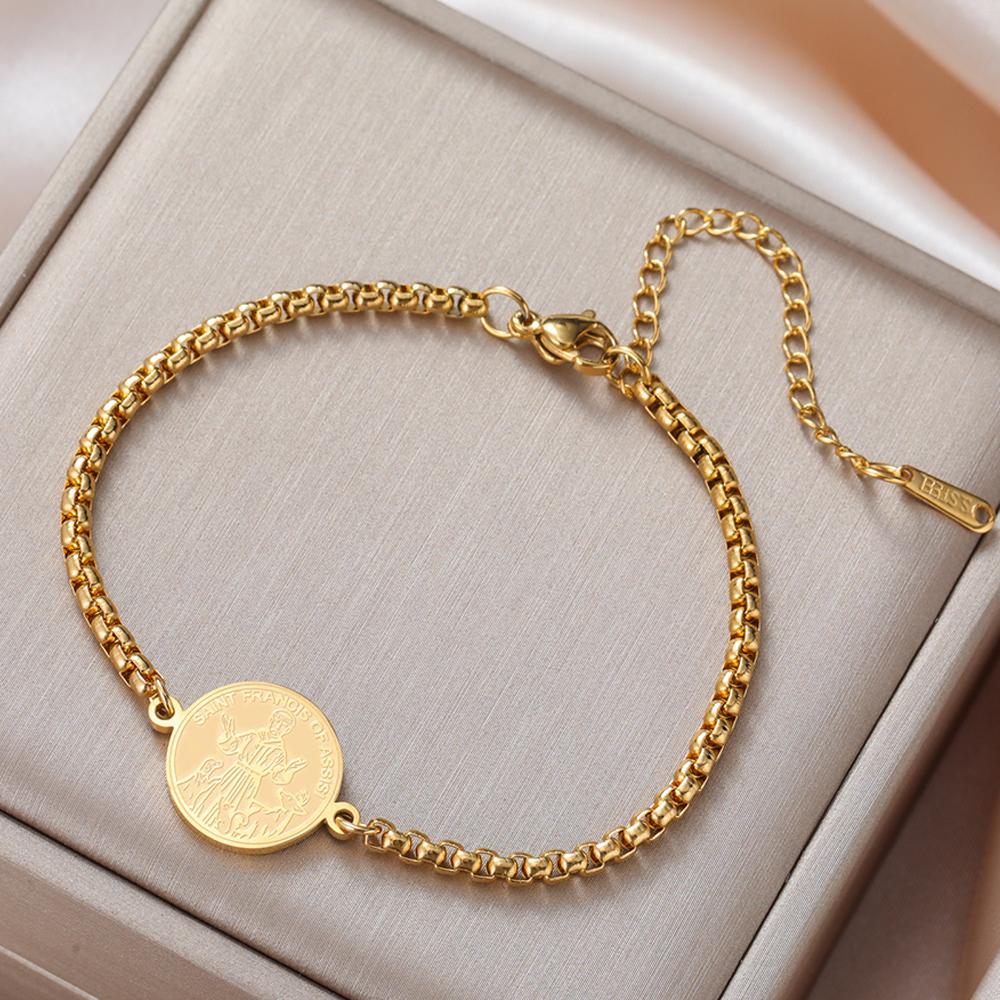 Dawapara Saint Francis of Assisi Coin Bracelet Catholic Patron Animal Advocate Gifts Stainless Steel Charms Religious Jewelry