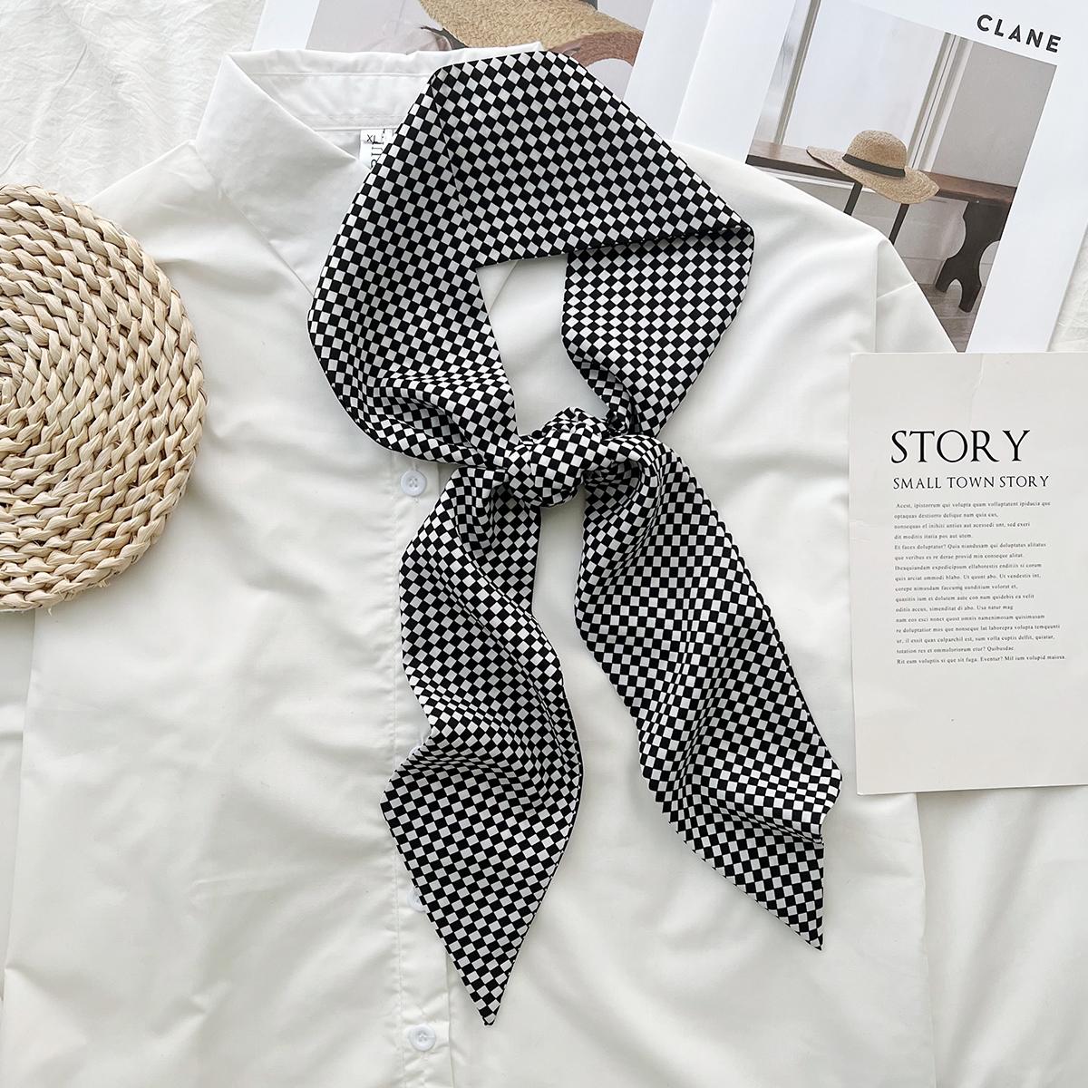 

Французская клетка Маленький шелковый шарф Весенне-летний тонкий и узкий вариант Длинный шарф Универсальный простой стиль Высокое чувство Лента Галстук Повязка на голову 140cm