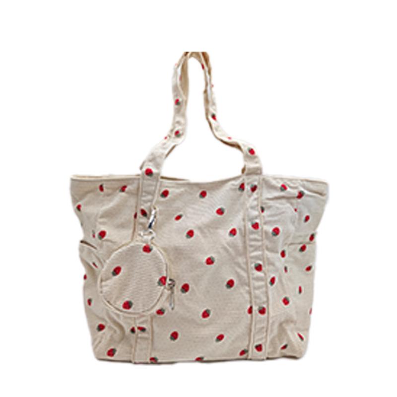 Cute Strawberry Floral Canvas Shoulder Bag for Students with Large Capacity