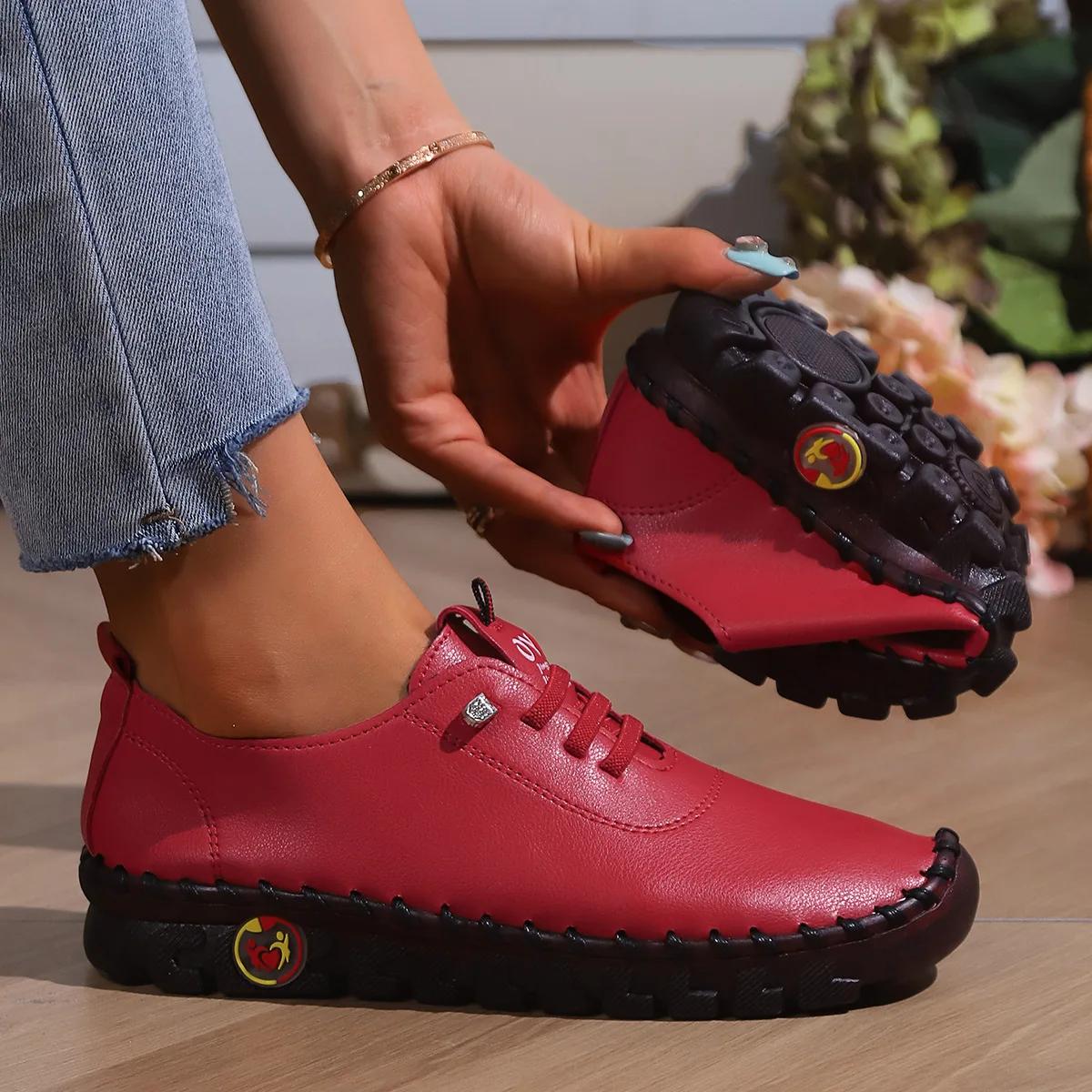 

Sneakers Women Shoes Loafers Lace Up Leather Flat New Spring 2024 Casual Comfortable Mom Shoe Mujer Zapatos Shoes for Women 35 червоний