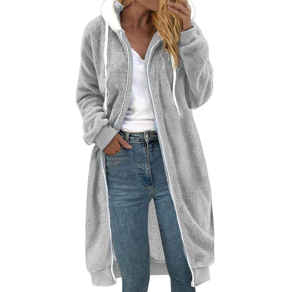Ladies' Loose Comfortable Casual And Fashionable V-neck Long Sleeved Medium To Long Double-sided Plush Hooded Jacket
