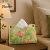 Kitchen Paper Organizer Leather Tissue Box Cover with Oil Painting Pattern, Foldable Desktop Organizer, Napkin Holder Portable Case, Facial Dispenser,