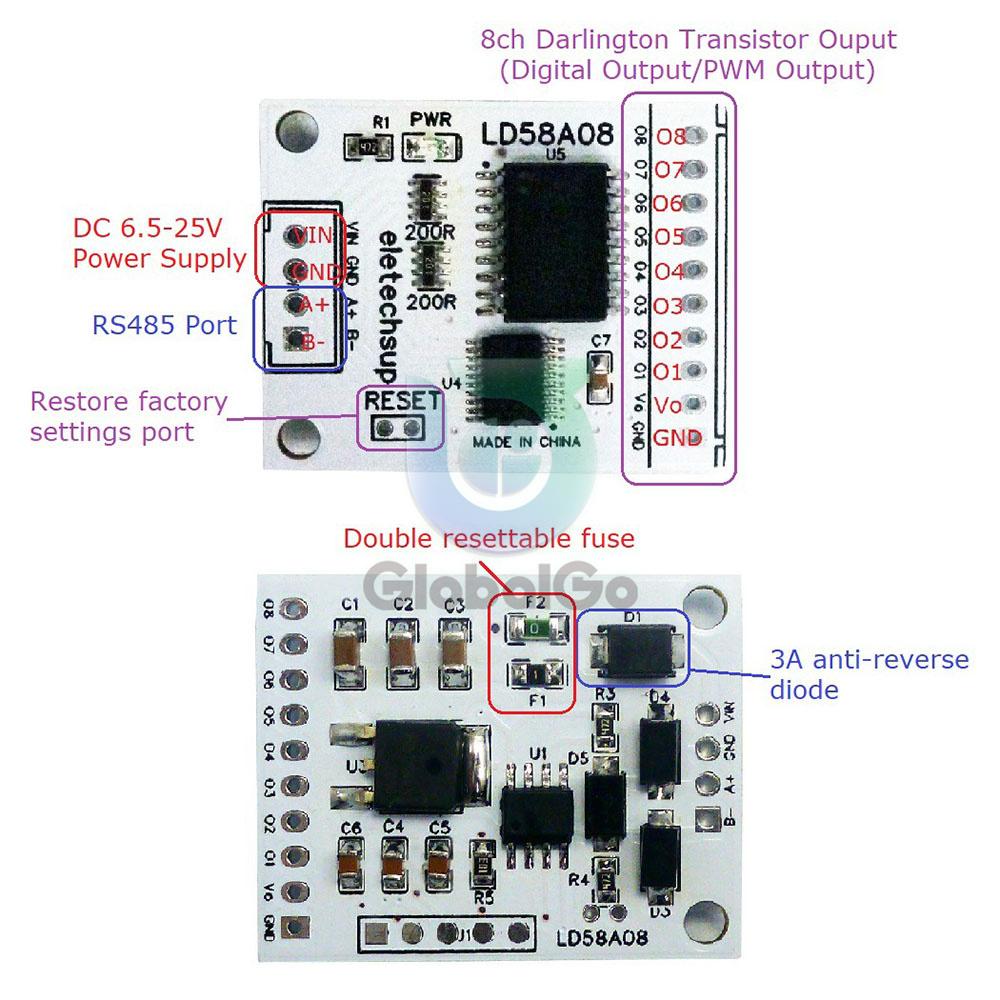 8ch RS485 Modbus RTU DO/PWM Output Multifunction MOS Driver Board for Multilayer Signal Lights LED Relay Solenoid Valves Motor