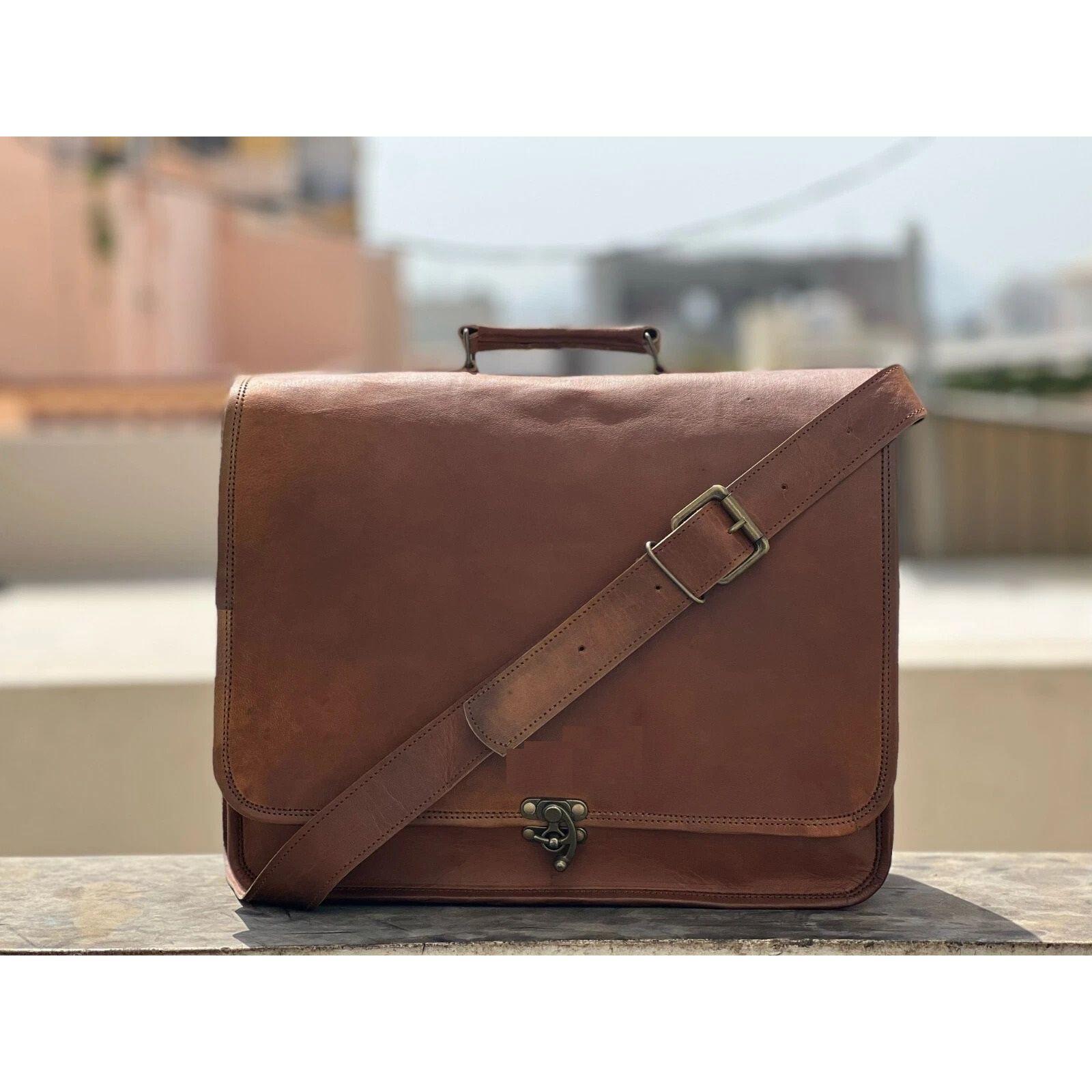 

Кожаный винтажный мужской портфель через плечо для ноутбука, школьный портфель 16 x 12 x 5 in