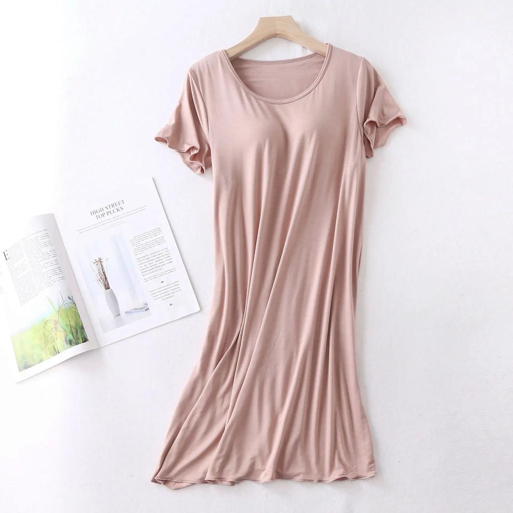 Modal Night Gown with Chest Pad Short-length Sleeve Nightdress Pajamas Bra-free Thin Large Size Ruffle Sleeping Dress for Women Summertime