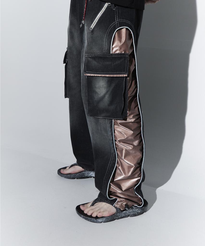 Aleseuseussi Wrinkle Mixed Cargo Denim Pants - Bk