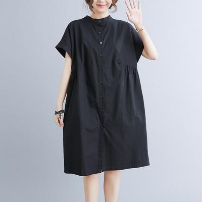 Summer Artistic Loose Solid Color Cotton Linen Standing Collar Short Sleeved Dress for Women Shirt Dresses