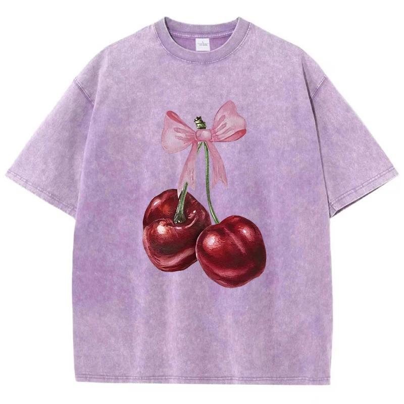 Cotton Washed T-Shirts Fashion Distressed Loose Tee Shirts Carefully Packaged Cherries Prints Tops Casual Female Clothes S разноцветный