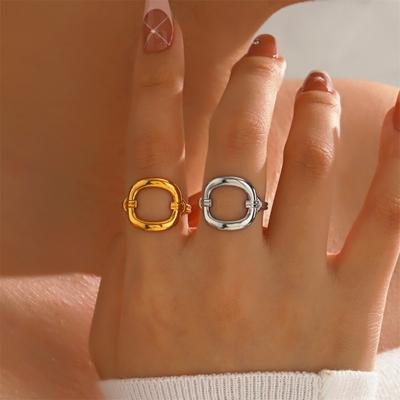 Fashion Minimalism Hollowed-out Geometric Square Adjustable Opening Rings for Women Stainless Steel Ring Daily Versatile Jewelry