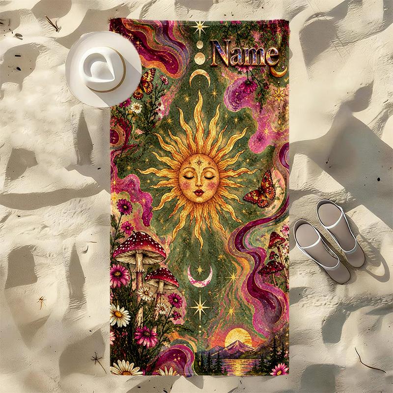 Custom Name Mystic Sun Stylish Digital Printing Beach Towel Quick‑Drying Absorbent Blanket for Beach Pool Gym Travel