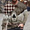 Spring and Autumn Round Neck Playing Card Designs 3D Printed Top Fashionable Casual Long Sleeved Men's T-shirts