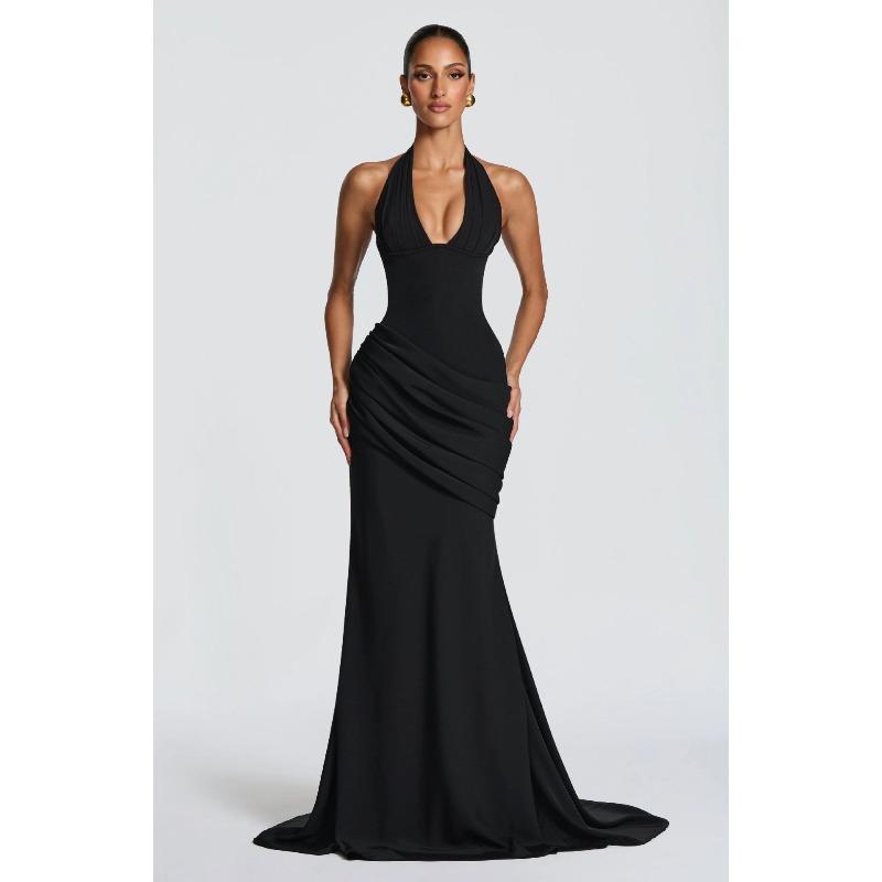 Women s fashion new product temperament elegant and sexy backless waist neck dress long dress European and American clothing S чёрный