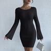 Women Sexy Backless Solid Long Knit Dress Flare Sleeve Slim Fit Elegant Sweater Dress