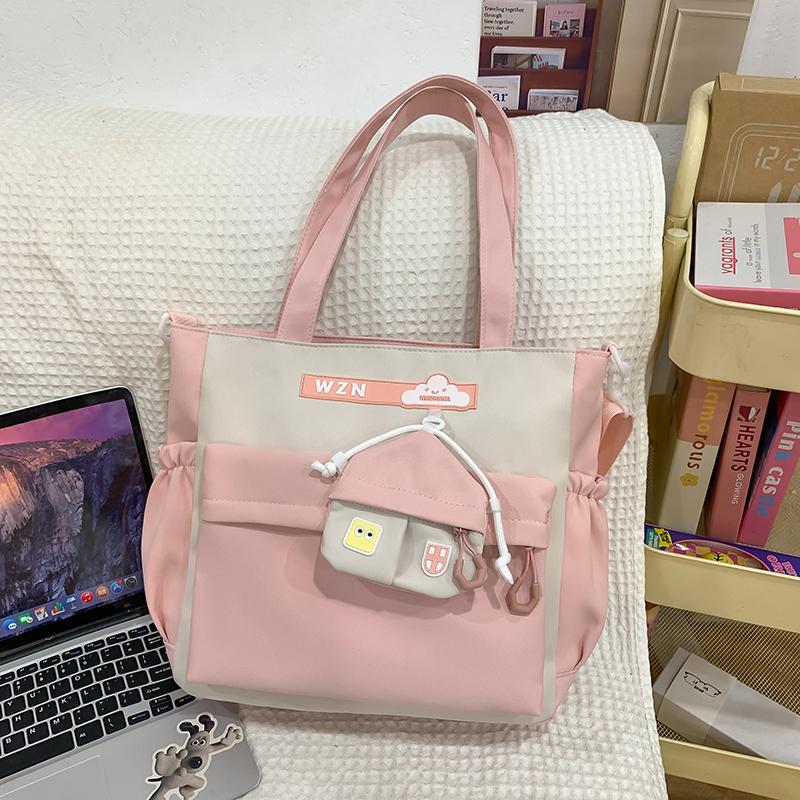 Student Handbag Women Color Block Crossbody Bag Large Capacity Classes Book Shoulder Bag with Coin Purse