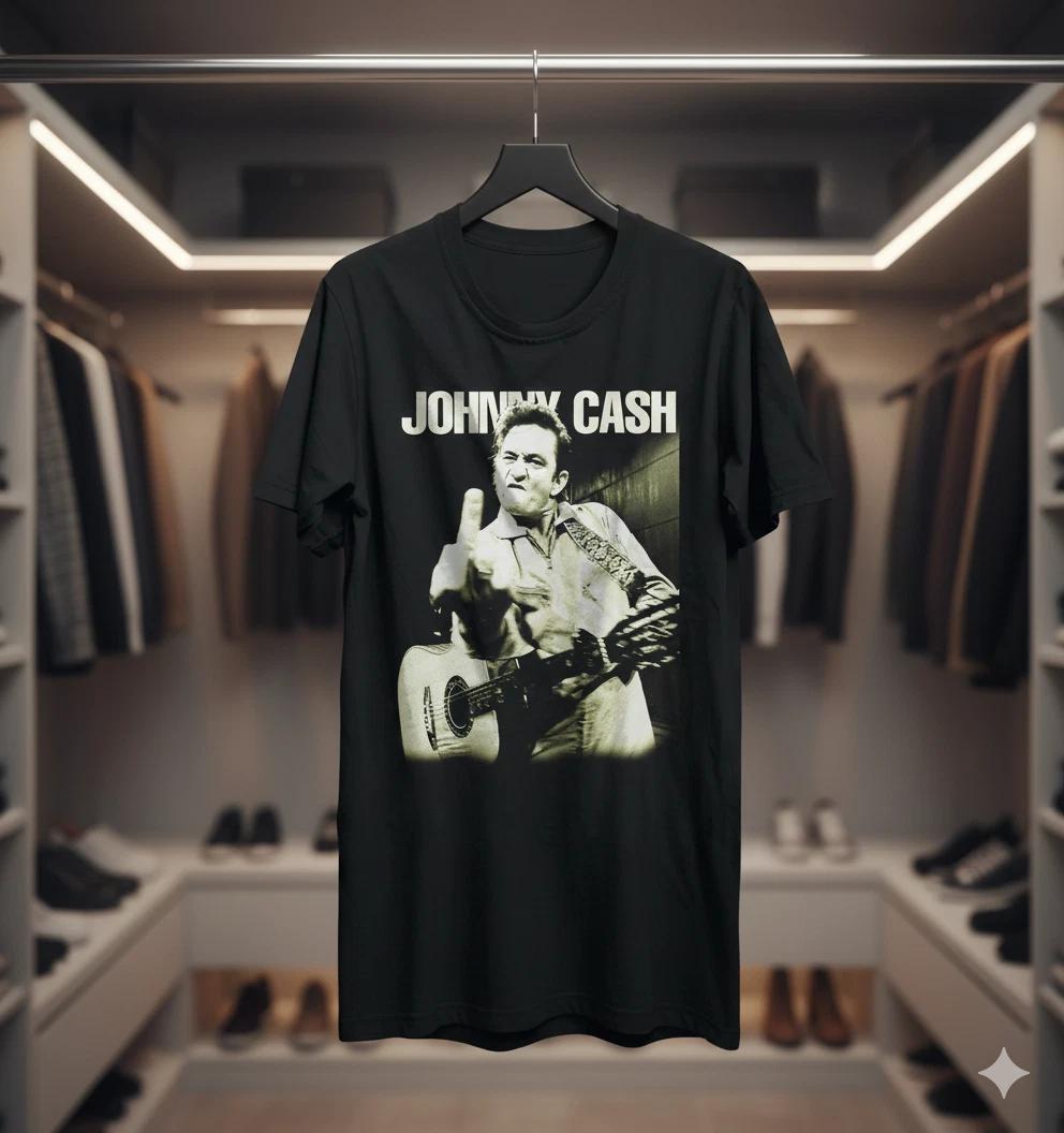 

Johnny Cash Middle Finger T-Shirt Black Country Music Graphic Tee - T398 M
