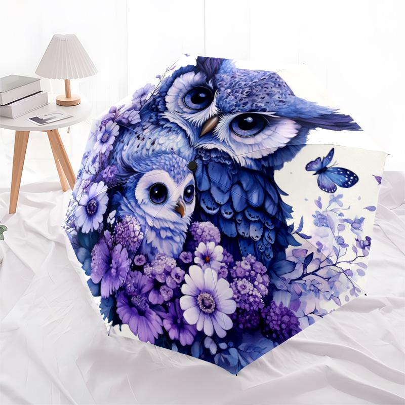 

Flower Owl pattern, automatic folding umbrella, portable and foldable design, 8 ribs, a Christmas or birthday gift.