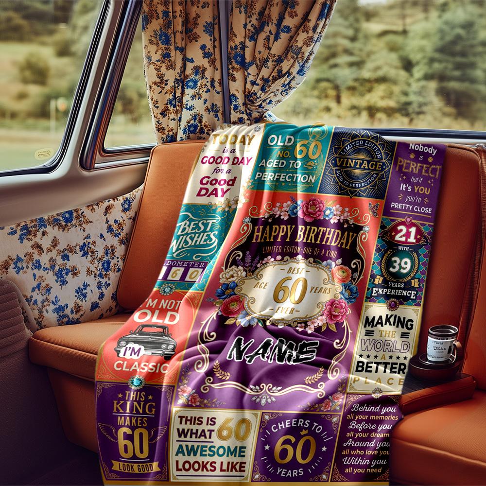 Happy 60Th Birthday Celebration Blanket Personalized Name Soft Comfortable Stylish Blanket Car Blanket Perfect For Travel Camping Outdoor Home