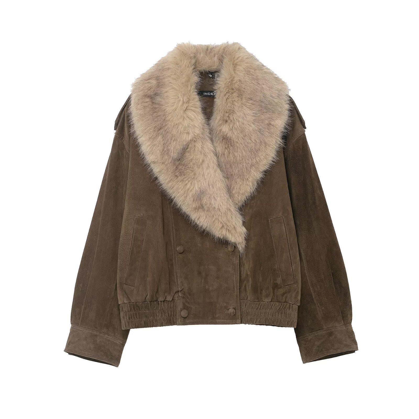 Women`s Faux Fur Suede-Textured Jacket Coat