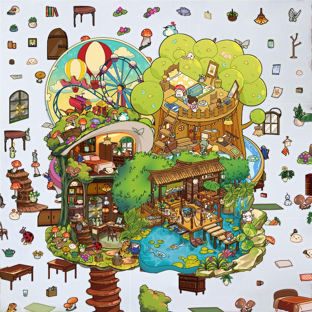 Cartoon Landscape Mushroom House Sticker Miniature World 3D House Unzip DIY Scene Manual Post