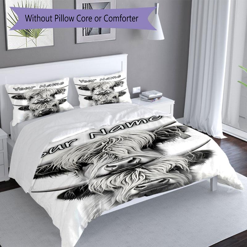 3PC Custom Name Highland Cattle Portrait Bedding Set Printed Bedding Set Duvet Cover Closure Includes 1 Duvet Cover & 2 Pillowcases for All Seasons Be
