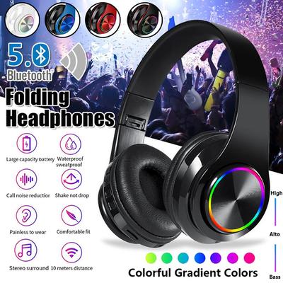 Colorful LED Light Folding Wireless Headphones Stereo Bluetooth 5.0 Headset Heavy Bass 9D Stereo Hi-fi Sport Over-ear Headphones with Mic