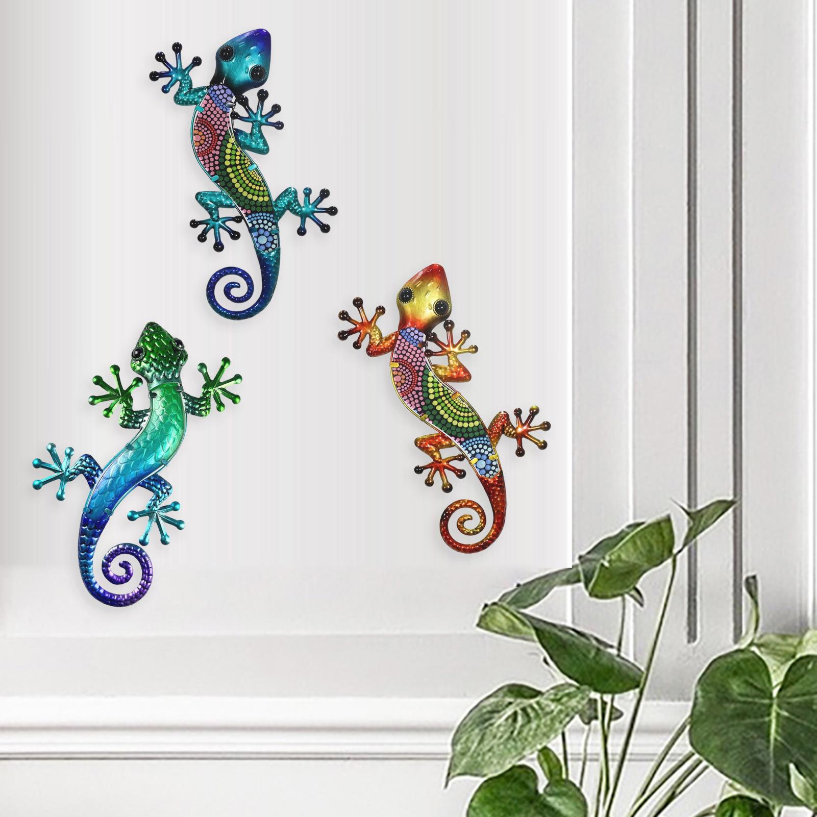 3Pcs Gecko Wall Art Acrylic Colorful Gecko Iron Hanging Lizard Patio Wall Sculpture Decorative Lizard Figurine Christmas Gift