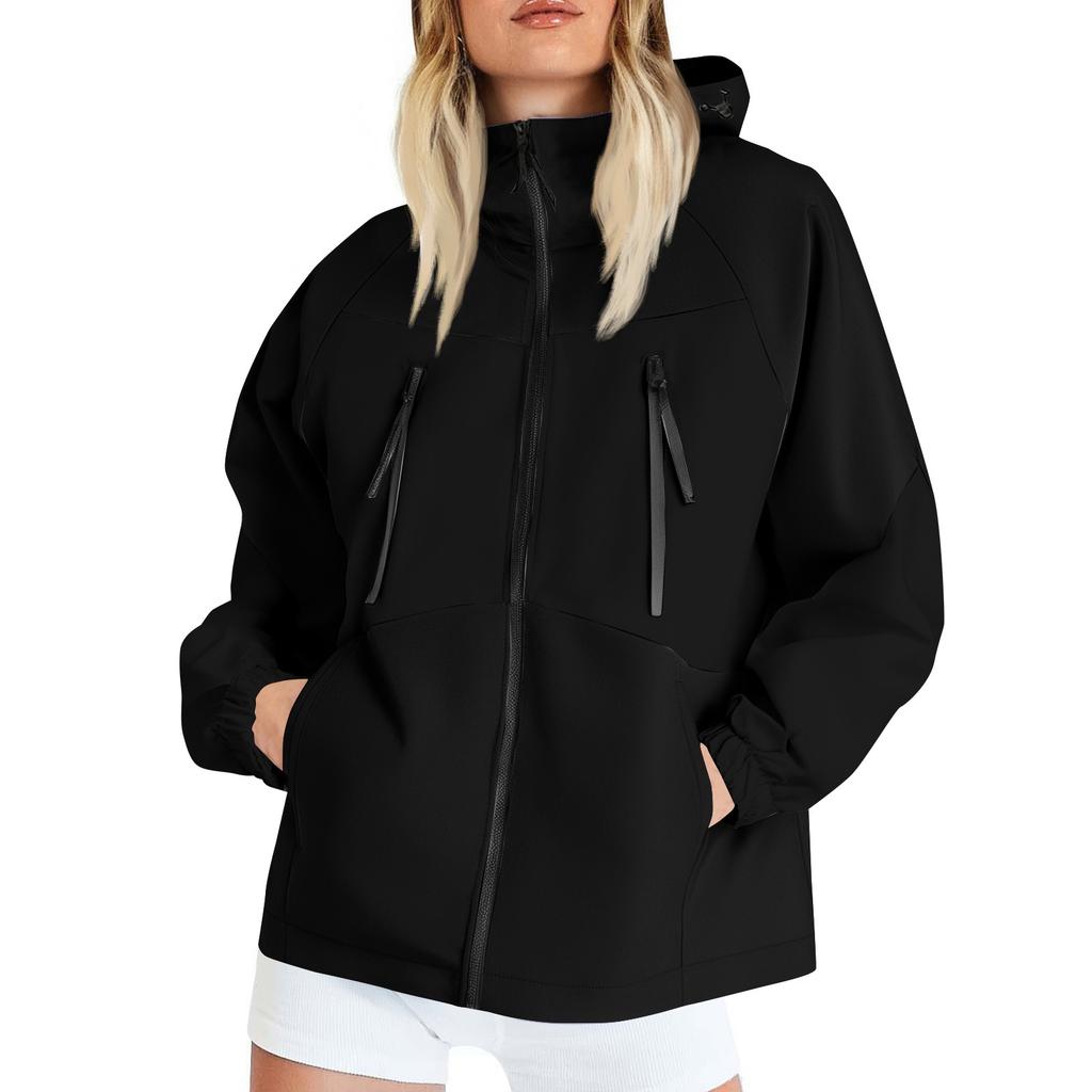 Women Solid Stripe Rain Jacket Outdoor Plus Waterproof Hooded Raincoat Windproof