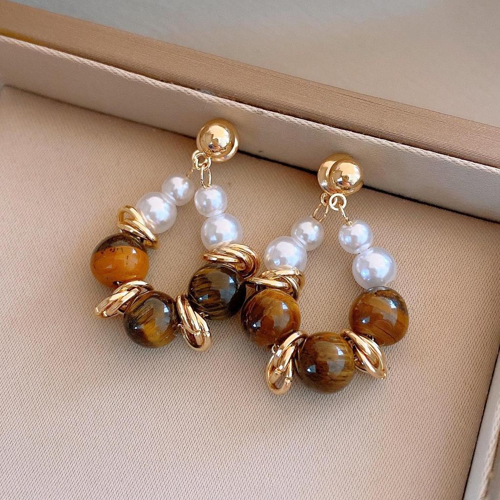 Silver Needle Tiger Eye Round Geometric Pendant Earrings - Retro Millard Style Studs with Unique Niche Design