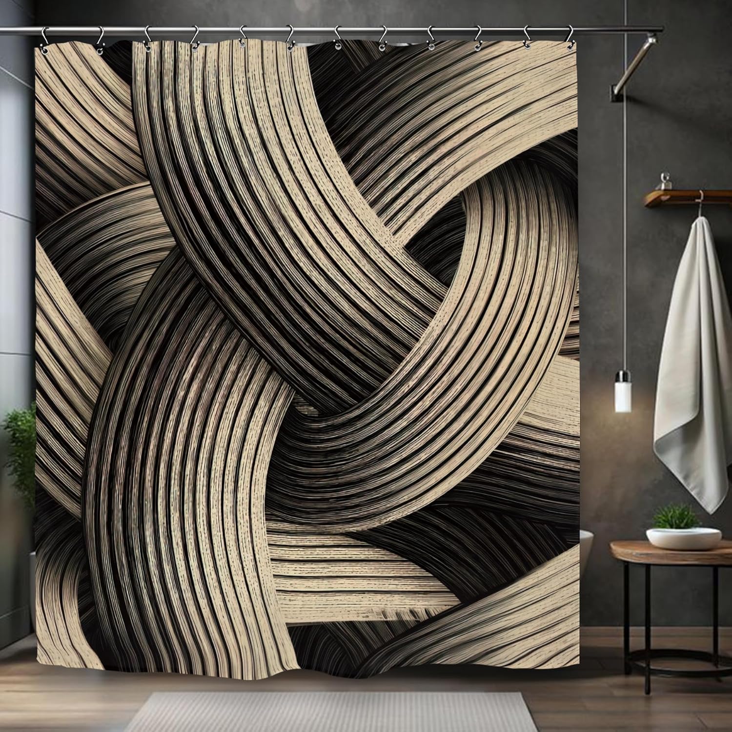 

Abstract Wood Grain Swirl Shower Curtain 72X72 Inches Modern Art Bathroom Decor With Beige Brown Black Lines W60H190(CM)-1 Pcs