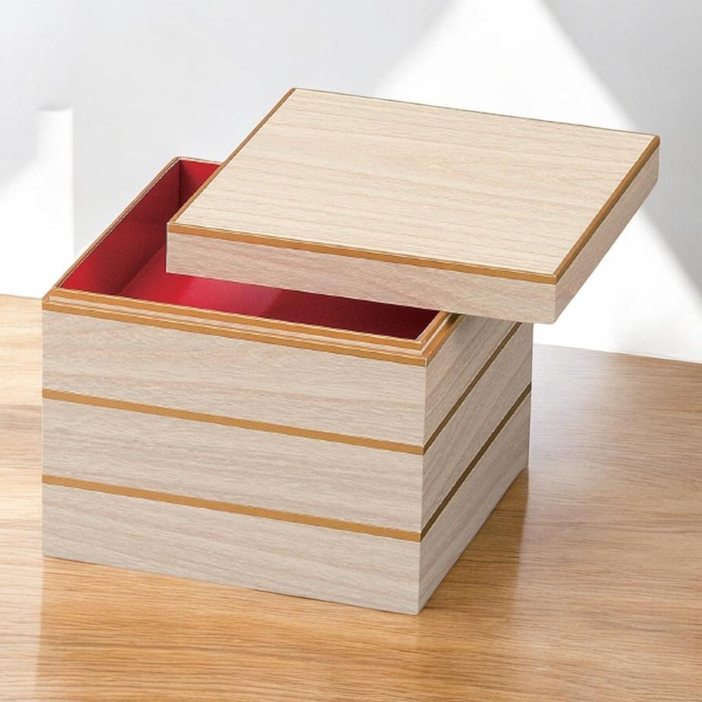 J-kitchens Lacquerware 3-Tiered Jubako Box, 7.5 Inches, Made of Fine Wood and Paper with Paulownia Gold Wire, 22cm, Made In Japan
