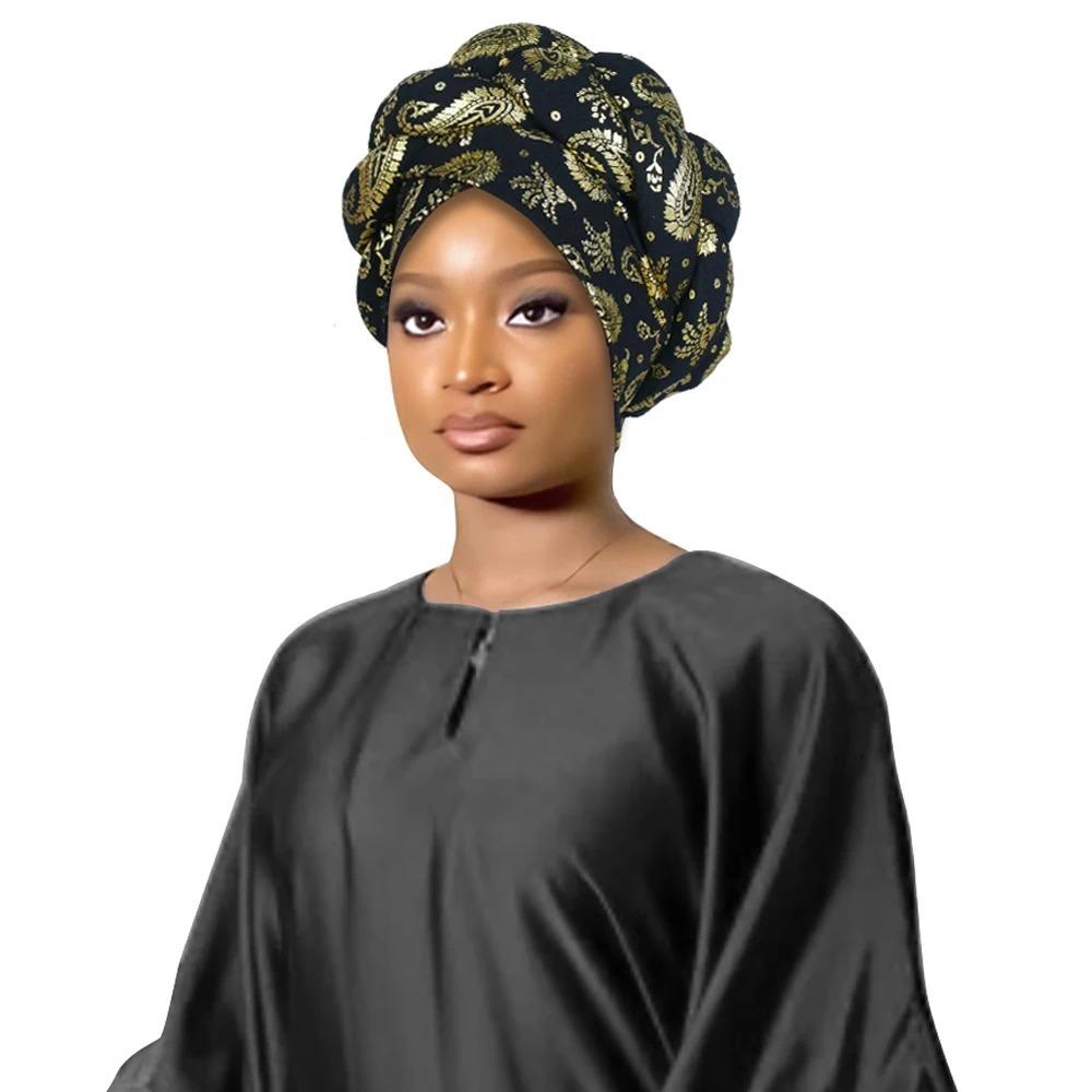 Polyester Printed Pull On Hat Gold Foil Printed Braided Headwear Fashion Women Cap Women
