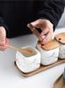 Matte Marble Pattern Ceramic Kitchen Spice Jar Oiler Set Wooden Cover Salt Shaker Spice Jar Kitchen Condiment Storage Rack Set