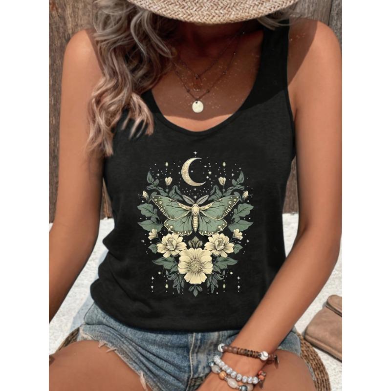Fashion Tank Tops with Moon Butterfly and Flower Print Round-Neck Sexy Women's Oufit Sleeveless T Shirt Vest Clothes Female